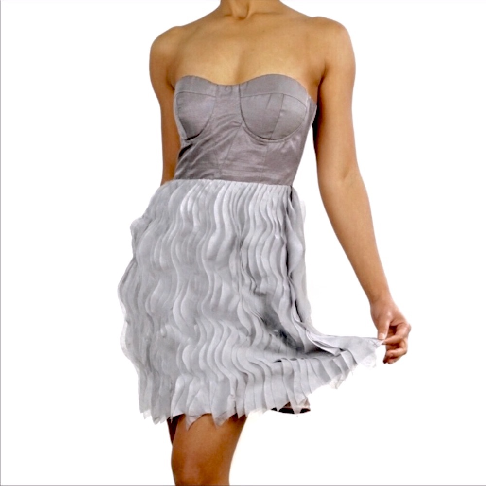 Couture-Grey Bustier Dress ~ strapless ruffle silk Bodycon vegas party cocktail